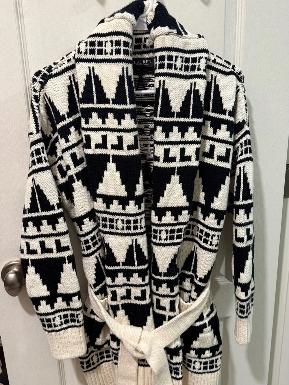 Ralph Lauren Black and White Geometric Shawl Cardigan - Picture 1 of 9